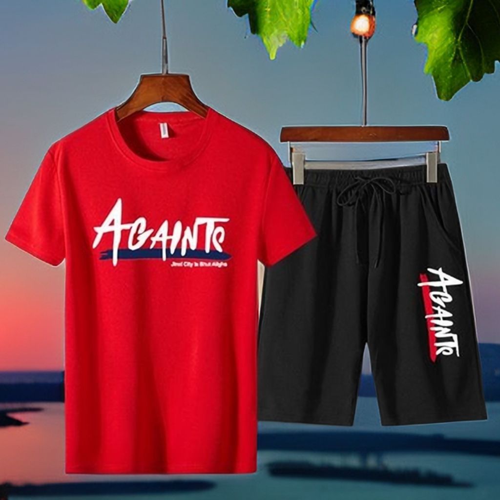 Mens 2 In 1 Short Sleeve Round Neck T-Shirt & Shorts Set-Red