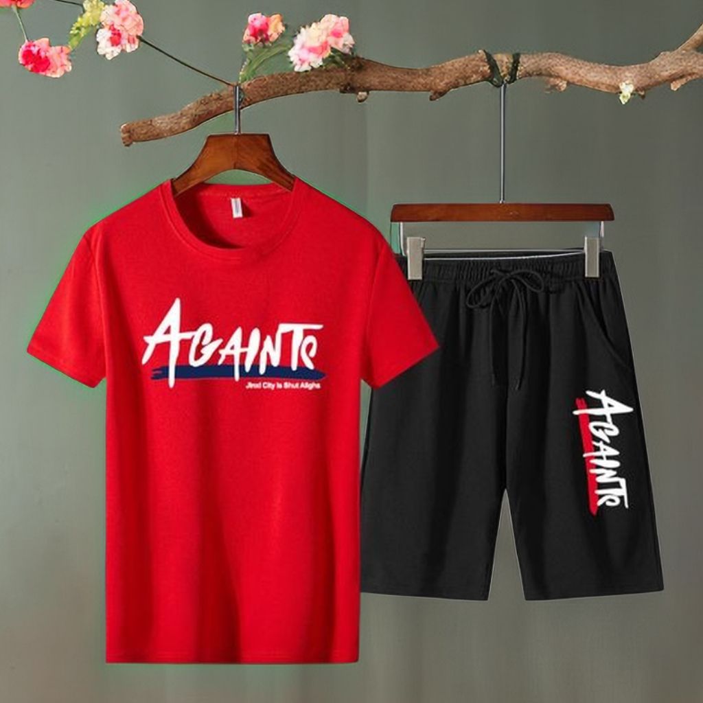 Mens 2 In 1 Short Sleeve Round Neck T-Shirt & Shorts Set-Red