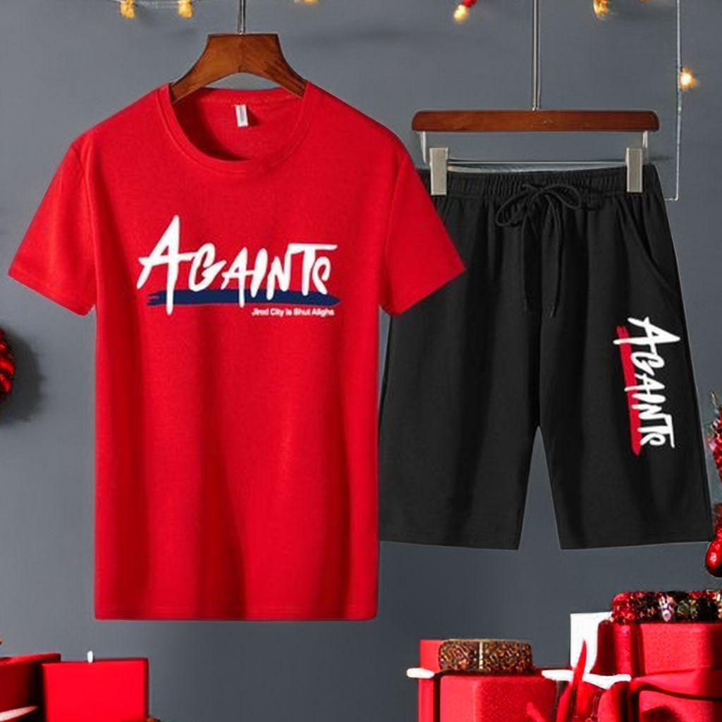 Mens 2 In 1 Short Sleeve Round Neck T-Shirt & Shorts Set-Red