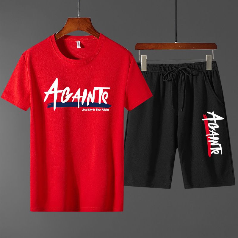 Mens 2 In 1 Short Sleeve Round Neck T-Shirt & Shorts Set-Red