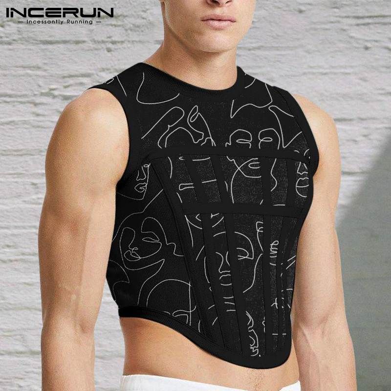 Men Tank Tops Printed Patchwork O-neck Sleeveless  Vests Men  Fitness Streetwear Party Nightclub Crop Tops S-5XL INCERUN-Black