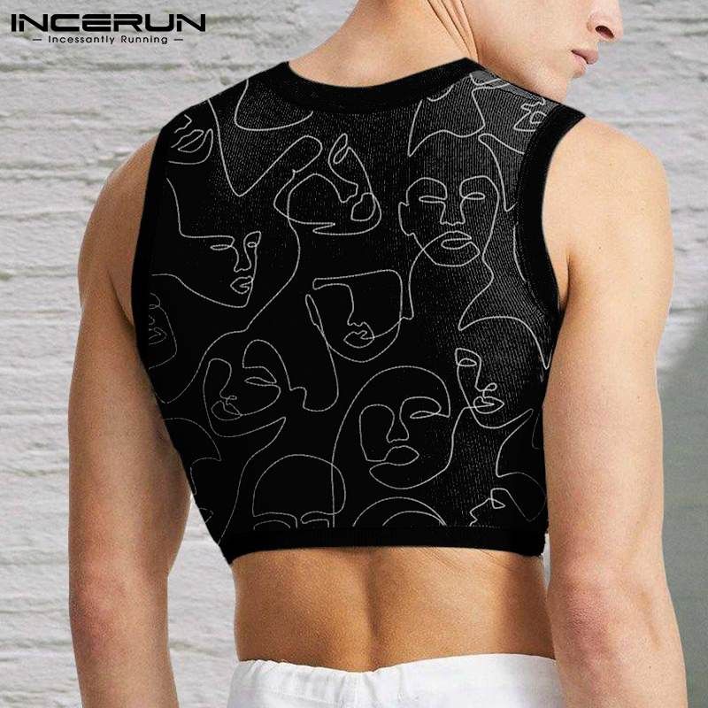 Men Tank Tops Printed Patchwork O-neck Sleeveless  Vests Men  Fitness Streetwear Party Nightclub Crop Tops S-5XL INCERUN-Black