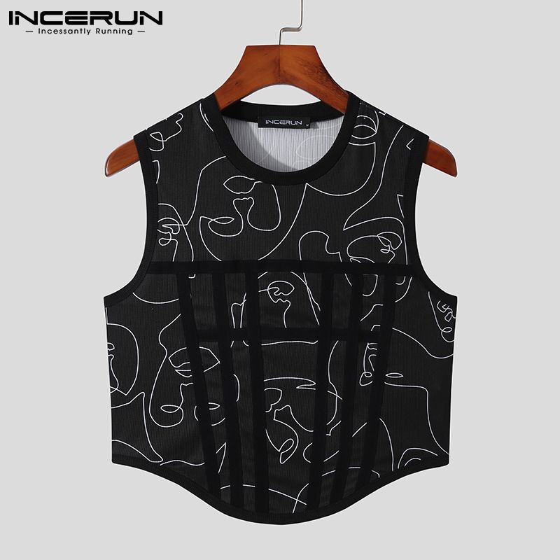 Men Tank Tops Printed Patchwork O-neck Sleeveless  Vests Men  Fitness Streetwear Party Nightclub Crop Tops S-5XL INCERUN-Black