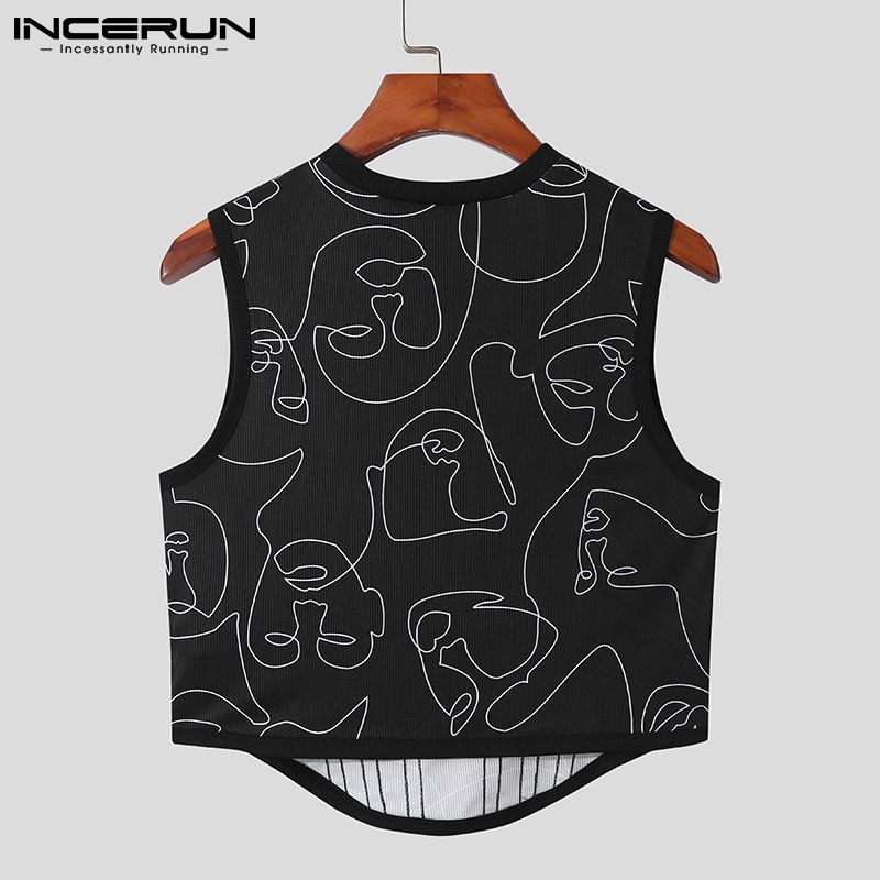 Men Tank Tops Printed Patchwork O-neck Sleeveless  Vests Men  Fitness Streetwear Party Nightclub Crop Tops S-5XL INCERUN-Black