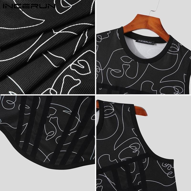 Men Tank Tops Printed Patchwork O-neck Sleeveless  Vests Men  Fitness Streetwear Party Nightclub Crop Tops S-5XL INCERUN-Black
