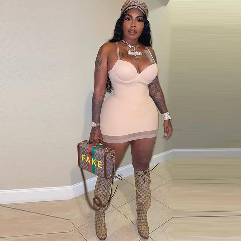 Wind 2022 spring women's new nightclub fashion suspender low-cut mesh stitching sexy buttock dress