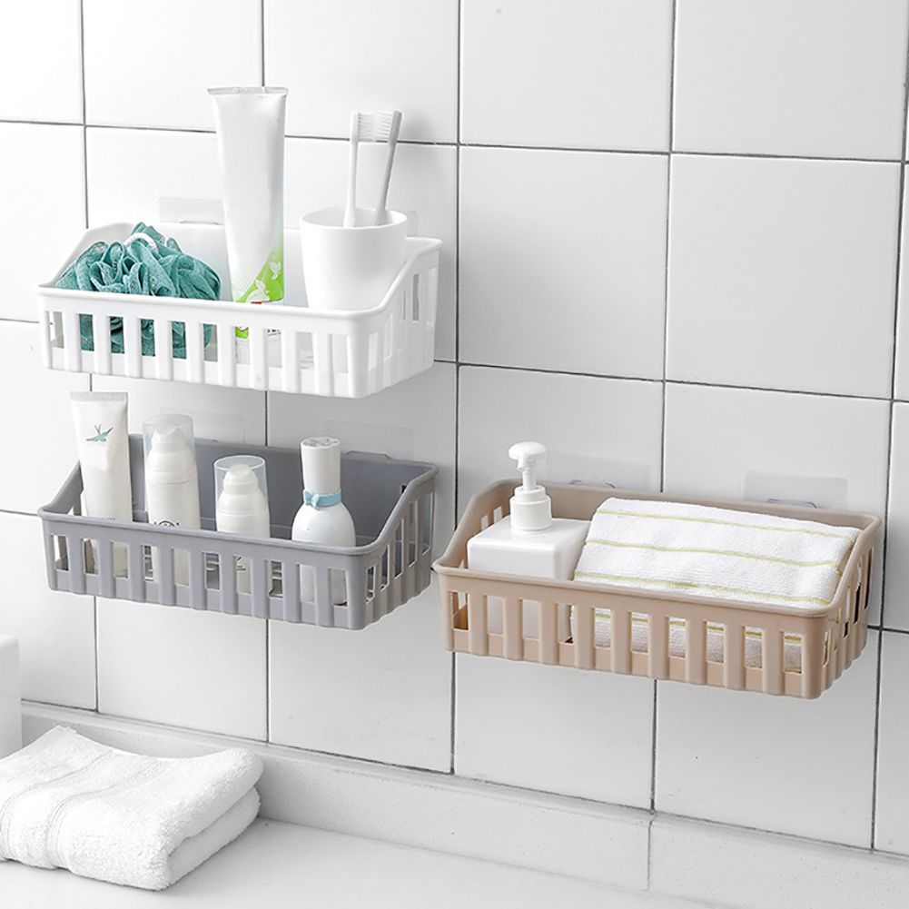 Wall Hanging Rectangle Hollowed Holder Rack Bathroom Kitchen Storage Basket Tool-Light Coffee