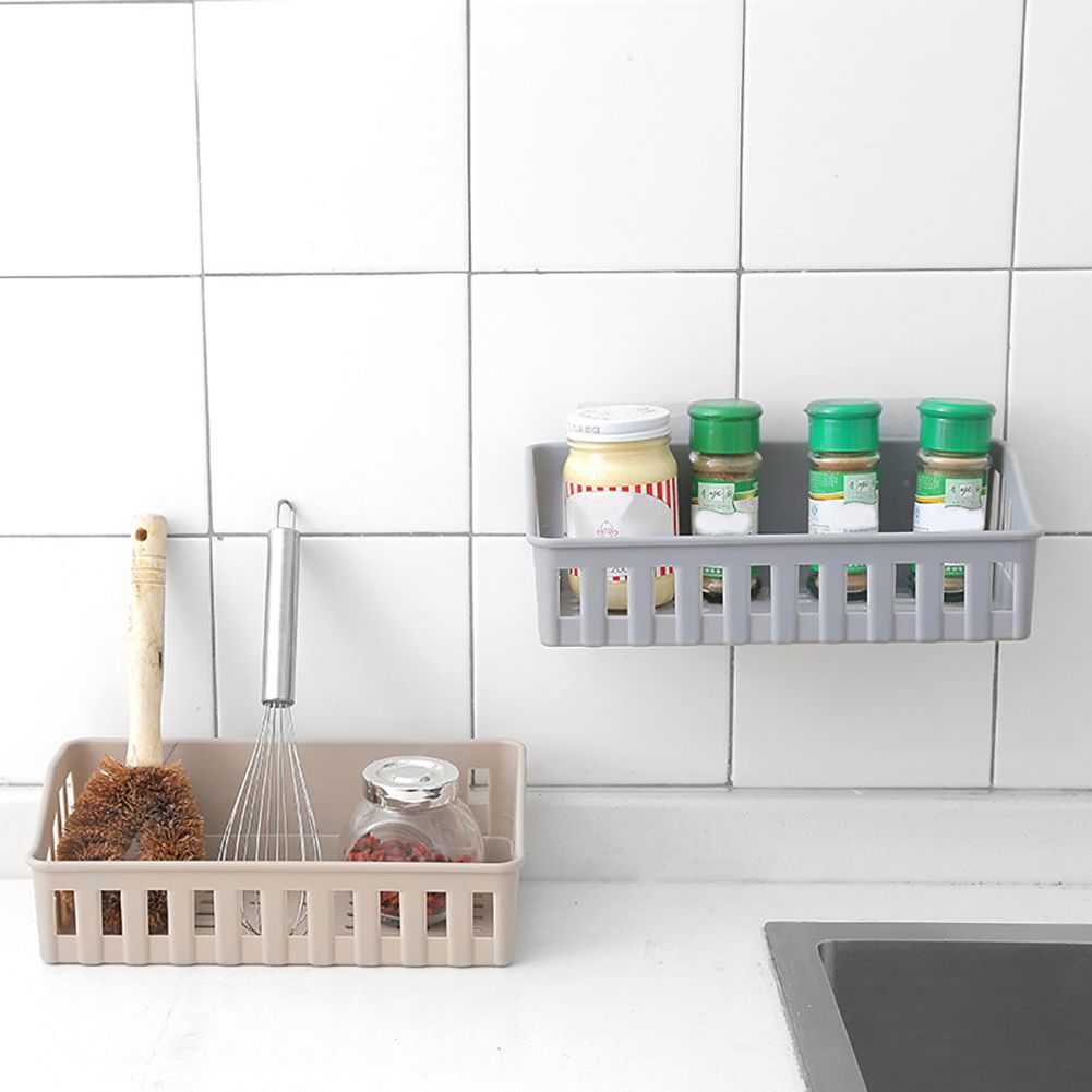 Wall Hanging Rectangle Hollowed Holder Rack Bathroom Kitchen Storage Basket Tool-Light Coffee