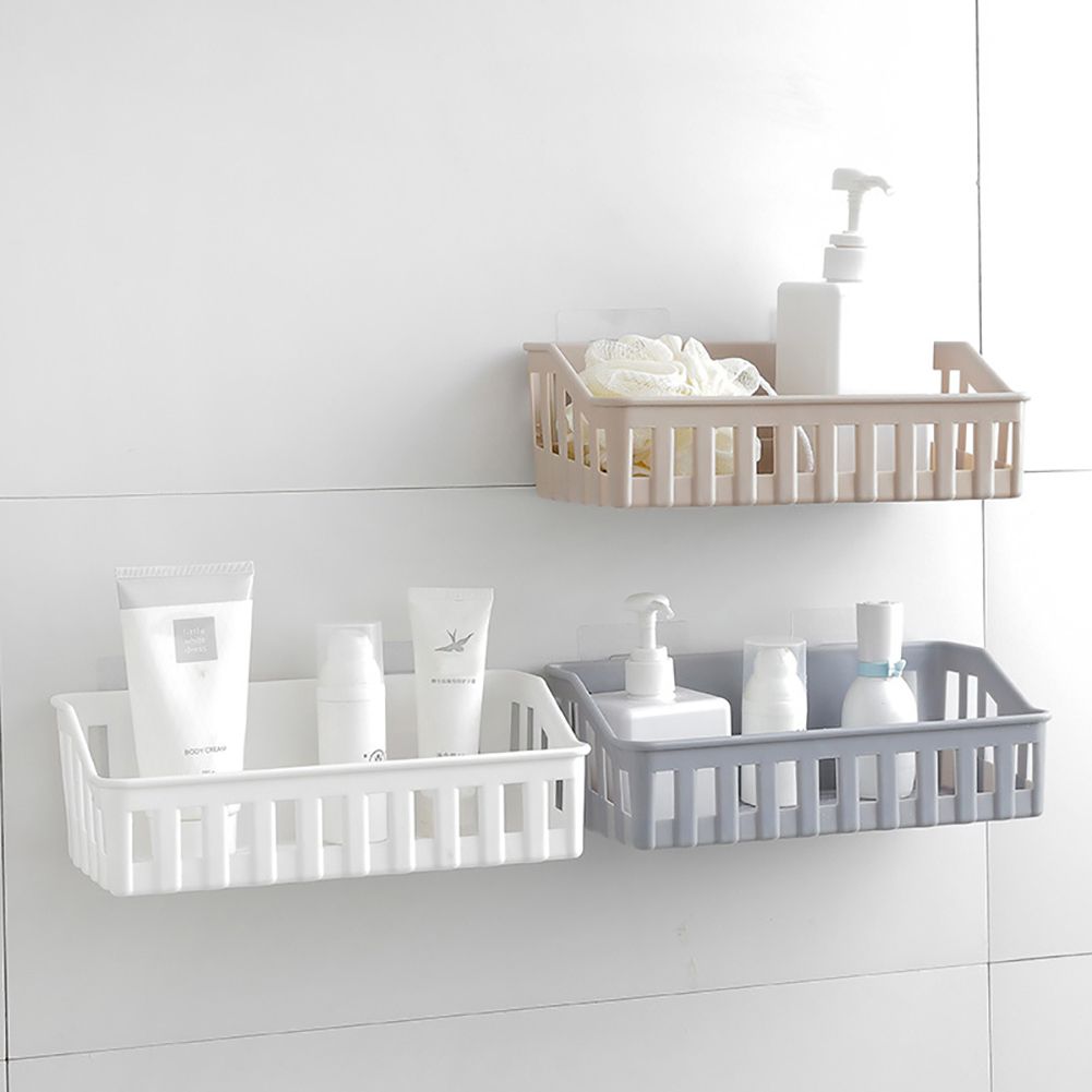 Wall Hanging Rectangle Hollowed Holder Rack Bathroom Kitchen Storage Basket Tool-Light Coffee