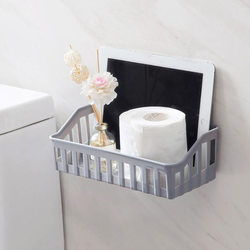 Wall Hanging Rectangle Hollowed Holder Rack Bathroom Kitchen Storage Basket Tool-Light Coffee