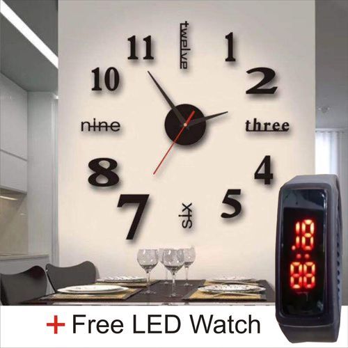 3D Wall Clock DIY Large Modern Design Decal + Free LED Watch