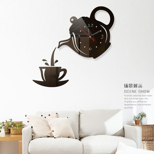 Wall Clock 3D Acrylic Coffee Tea Cup Creative Teapot Kettle