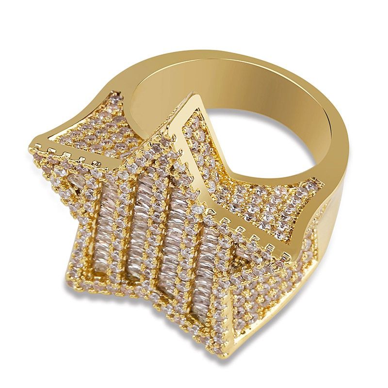 Cubic Zirconia Pentagram Hip Hop Ring Band Full Diamond Iced Out Rapper Jewelry