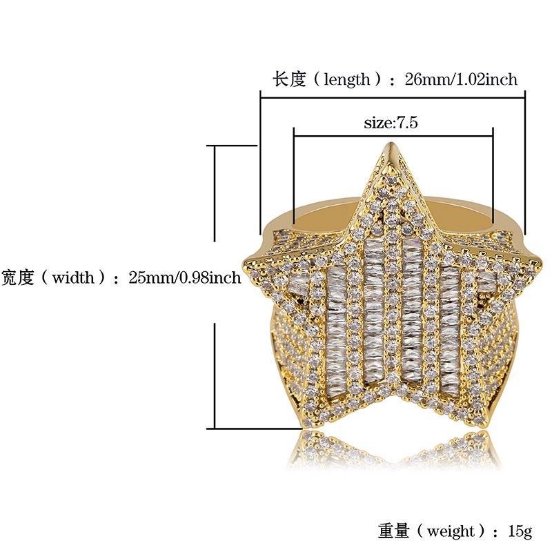 Cubic Zirconia Pentagram Hip Hop Ring Band Full Diamond Iced Out Rapper Jewelry