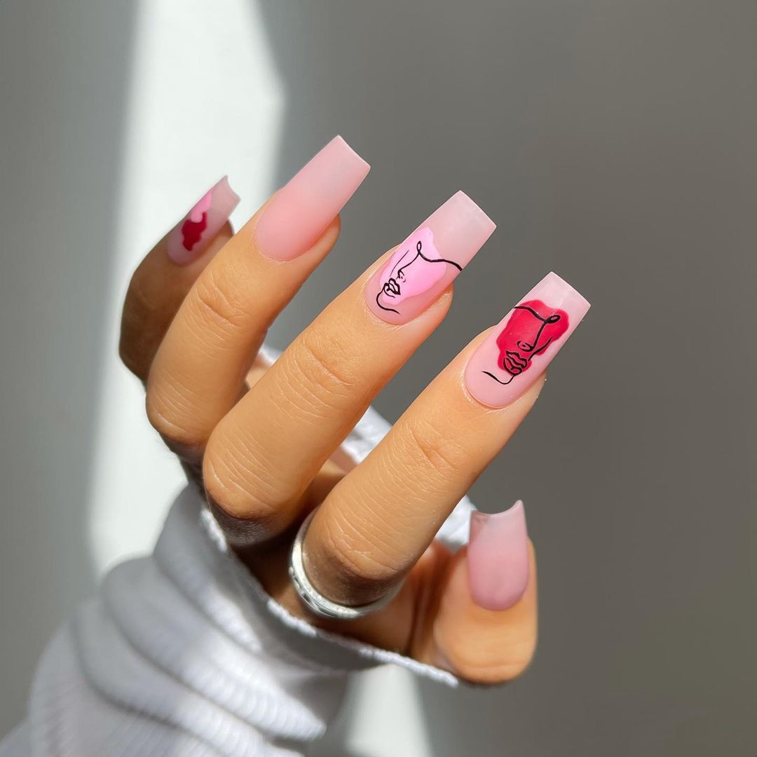 Nude Pink Press On Nails With Beautiful Art Image
