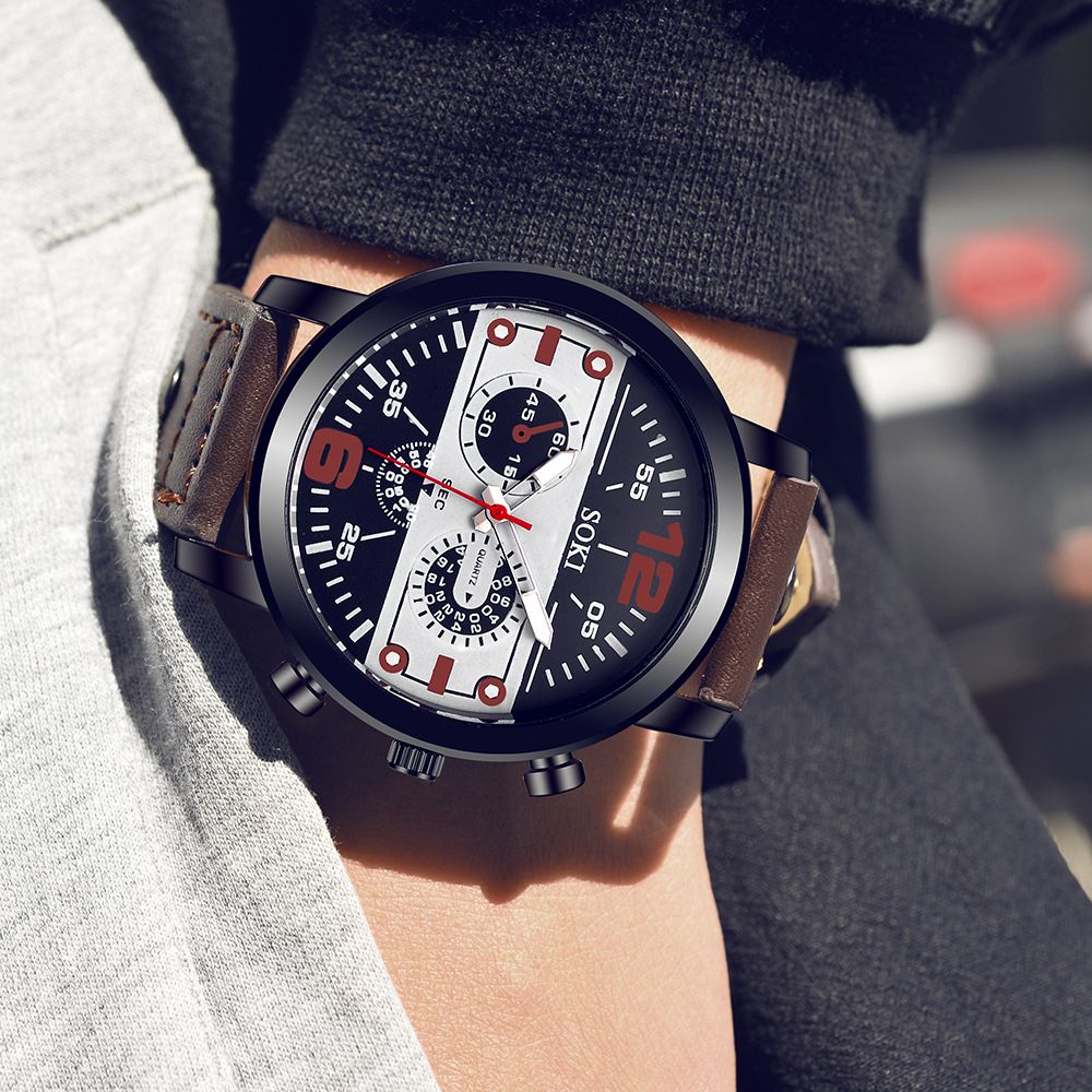 Casual Men's Sport Quartz Leather Strap Watch-Brown