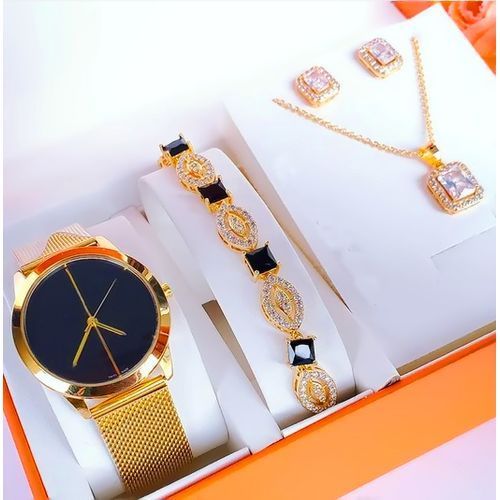 Fashionable Gold Wristwatch + Fashionable Wrist Bracelet /Ring/ Jewelry Set For Boss Ladies