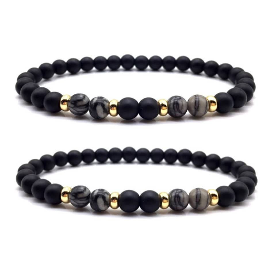 2pcs Classic Men Unisex Matt Bead Beads Bracelet-Black