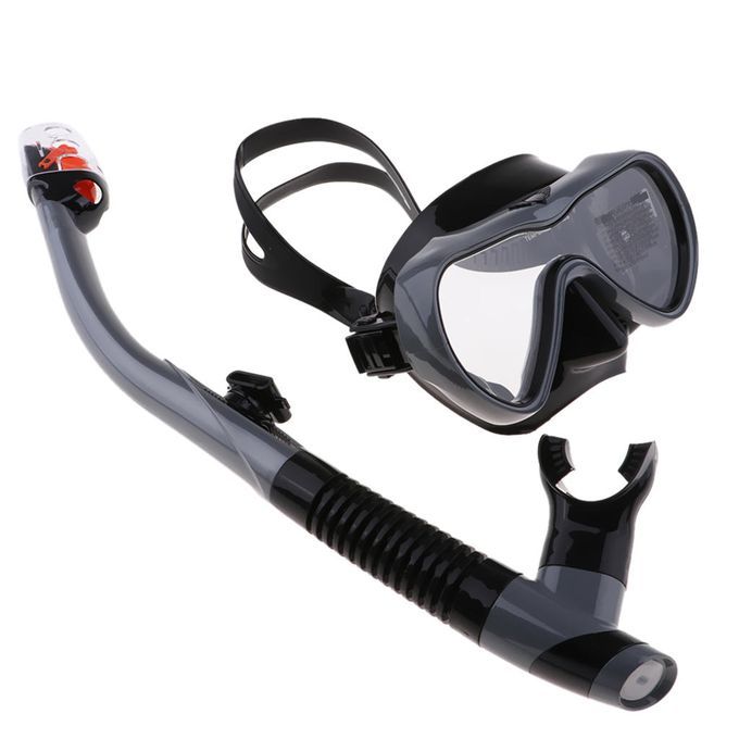 Dry Snorkel Set Tempered Glass Diving Mask Anti-Fog Lens Swimming Gray