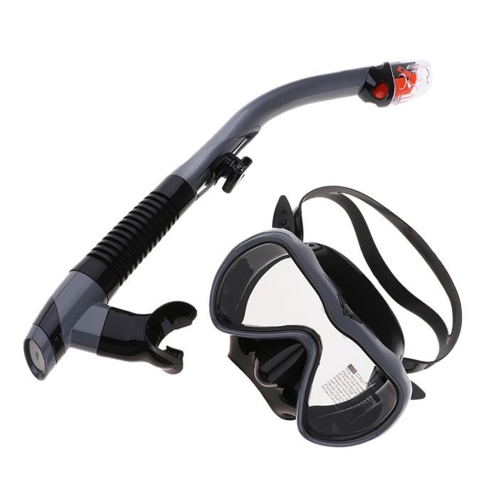Dry Snorkel Set Tempered Glass Diving Mask Anti-Fog Lens Swimming Gray