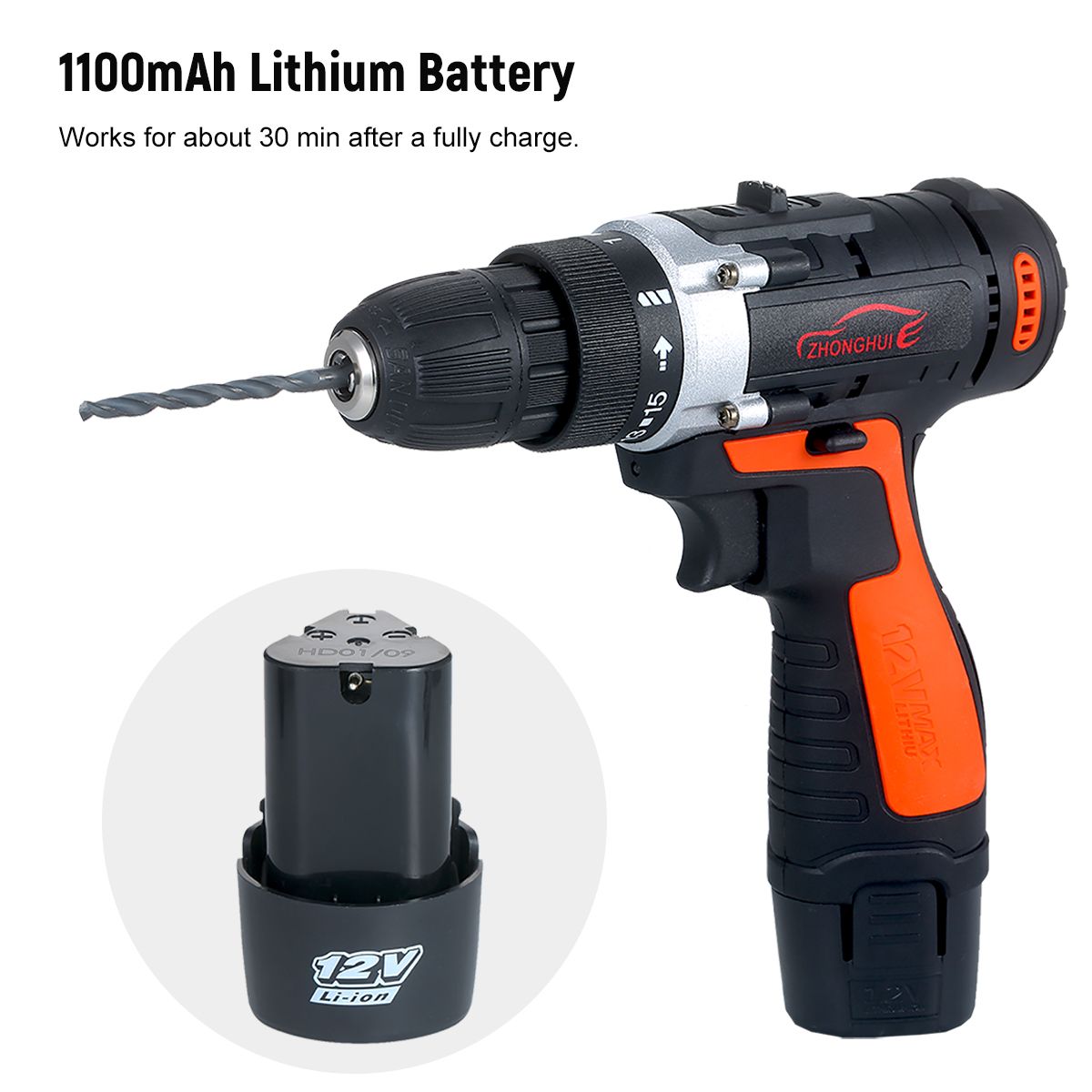 12V Cordless Drill / Driver Kit 1400rpm Variable Speed