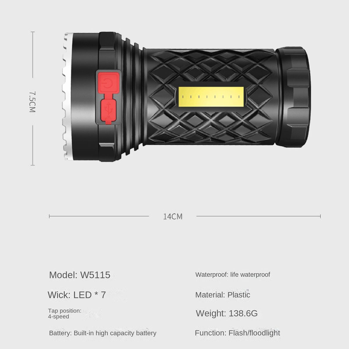 7 LED Super Bright Flashlight Ultra Powerful LED Rechargeable COB Side Light 4 Modes Outdoor Flashlight