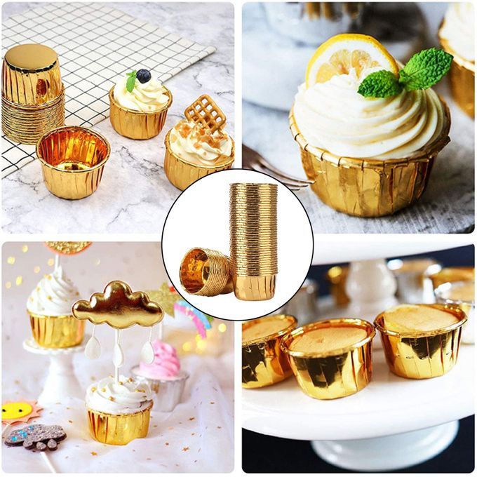 50x Foil Cup Cake Cases Cupcake Muffin Paper Baking Cups Wrappers Gold