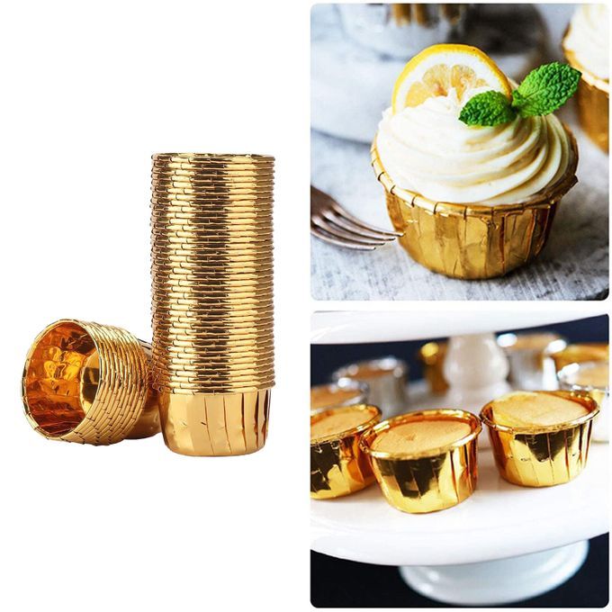 50x Foil Cup Cake Cases Cupcake Muffin Paper Baking Cups Wrappers Gold