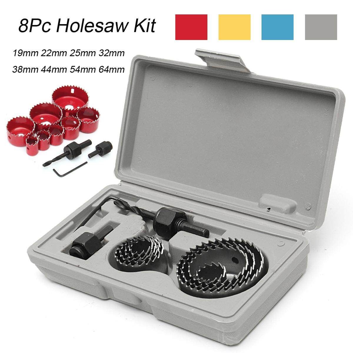 8Pcs Drill Hole Holesaw Kit Wood Set Plumber Kitchen Fitter + Box Blue Grey