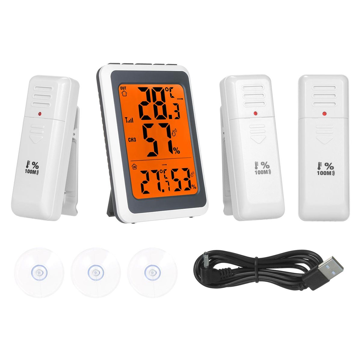 Digital Thermo-Hygrometer Thermometer & Hygrometer Temperature Humidity Indicator Indoor & Outdoor Temperature Humidity Gauge Meter with 3 Transmitters