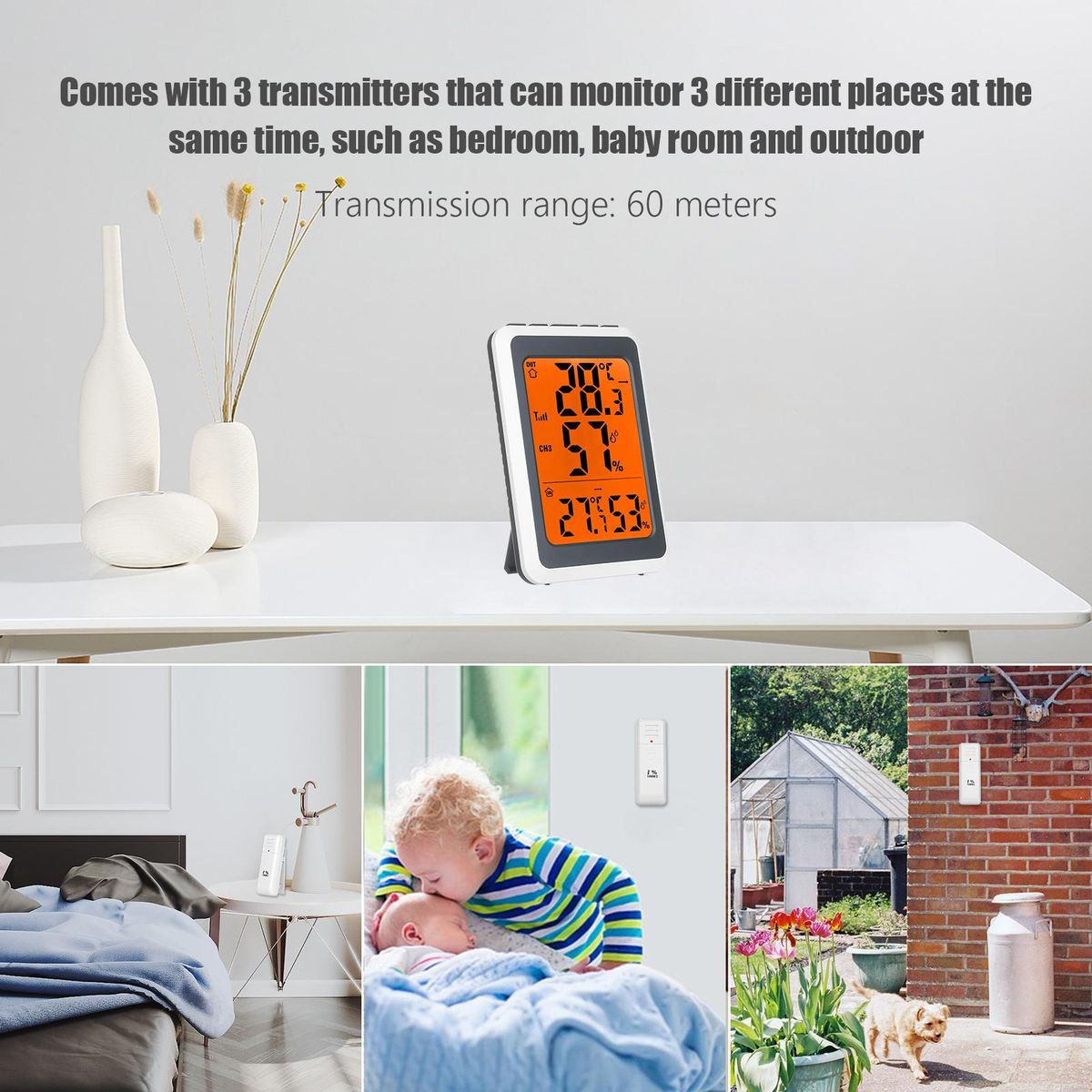 Digital Thermo-Hygrometer Thermometer & Hygrometer Temperature Humidity Indicator Indoor & Outdoor Temperature Humidity Gauge Meter with 3 Transmitters