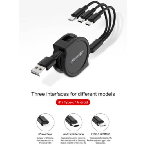 3 In 1 Foldable Retractable 3a Fast USB Charging Cable - 1.2meter