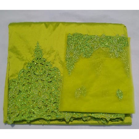 Lemon Green Embroidered and Beaded Indian Lace George with Blouse - 7 Yards