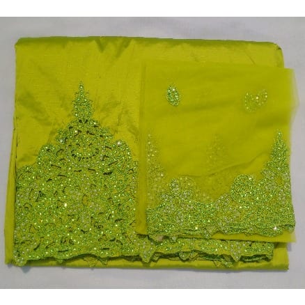 Lemon Green Embroidered and Beaded Indian Lace George with Blouse - 7 Yards