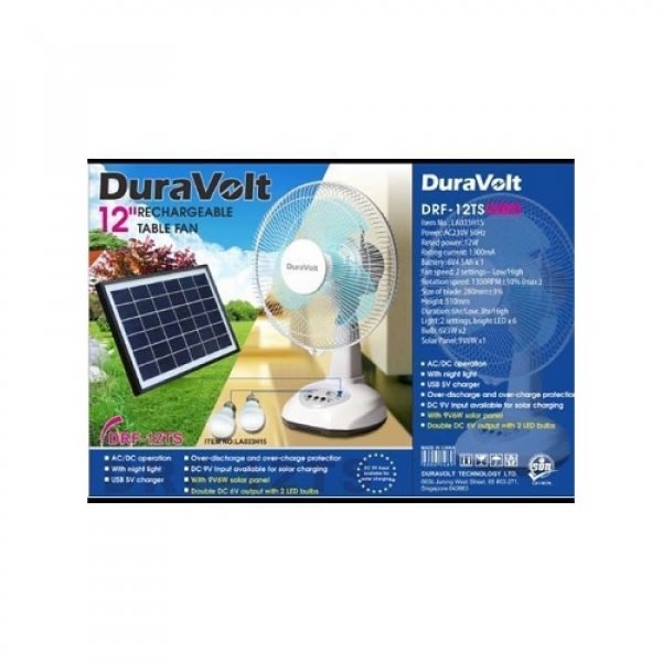 12" Rechargeable Fan With Solar Panel & Dc Led Bulbs.drf-12ts