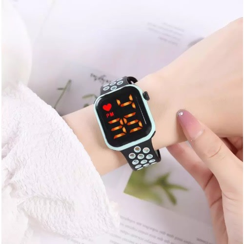 Unisex Cube Yellow Display Hollow Out Strap Digital Led Watch- Teal Green