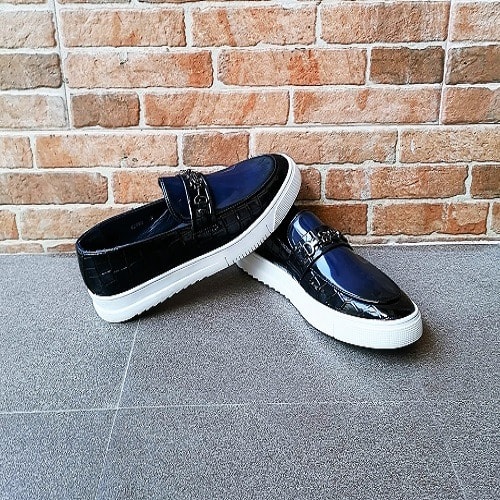 Men  Crocodile Skin Patent Leather - Navy Blue