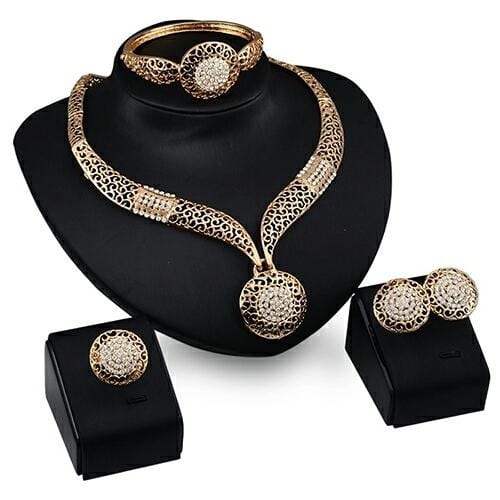 Wedding Party Hollow Rhinestone Necklace Bracelet Ring Earrings Set