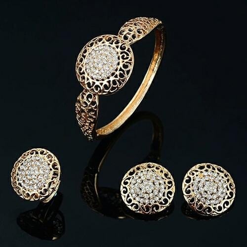 Wedding Party Hollow Rhinestone Necklace Bracelet Ring Earrings Set