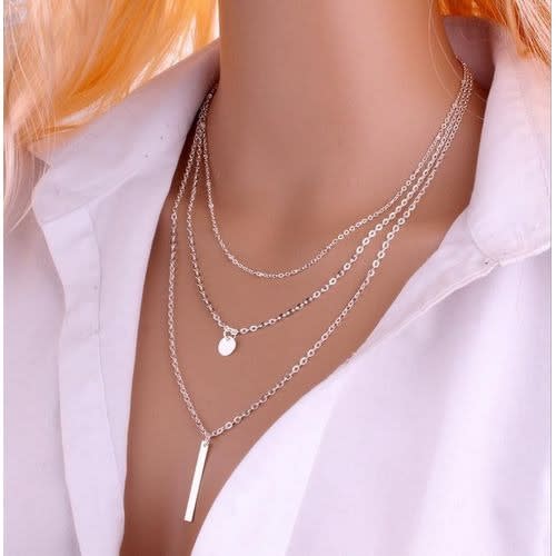 Women Bead Chain Sequins Strip Multi Layer Necklace - Silver