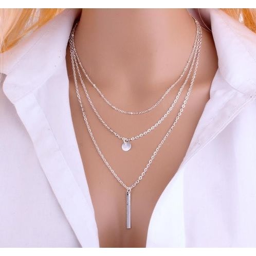 Women Bead Chain Sequins Strip Multi Layer Necklace - Silver