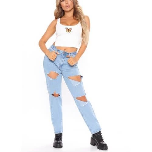 Surprise Destroyed Mom Jeans - Light Blue Wash
