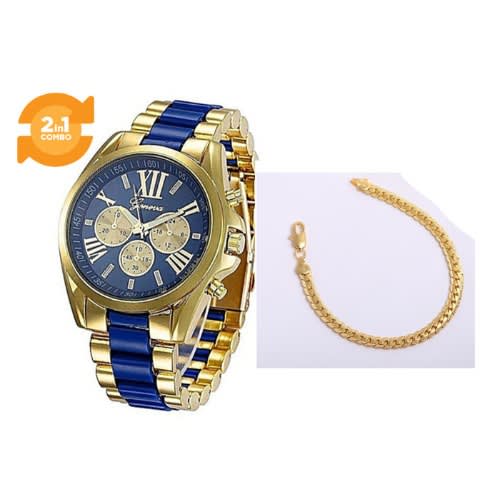 2 In 1 Ladies Wrist Watch With Bracelet- Gold/blue
