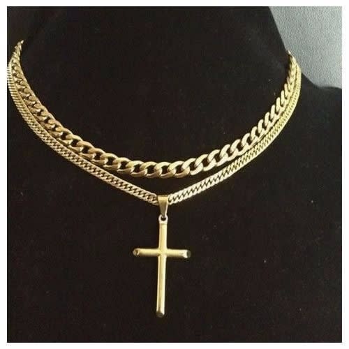 Chain With Cross Pendant - Gold Cuban