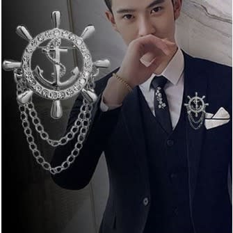 Chain Lapel Anchor Brooch Pin Diamond Rhinestones - Silver