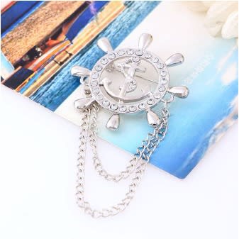 Chain Lapel Anchor Brooch Pin Diamond Rhinestones - Silver