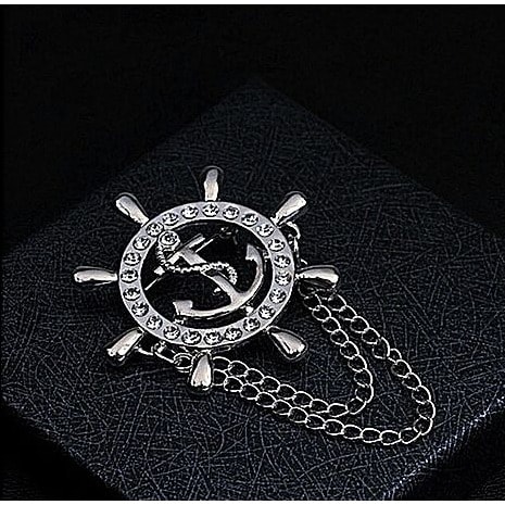 Chain Lapel Anchor Brooch Pin Diamond Rhinestones - Silver