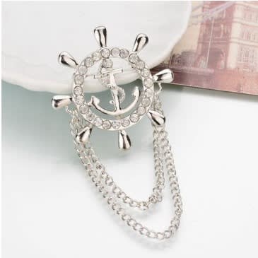 Chain Lapel Anchor Brooch Pin Diamond Rhinestones - Silver