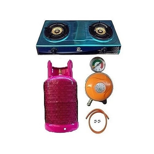 Gas Cylinder + Glass Double Burner Cooker + 3 Yards Hose +Standard Regulator & Clips. -12.5kg