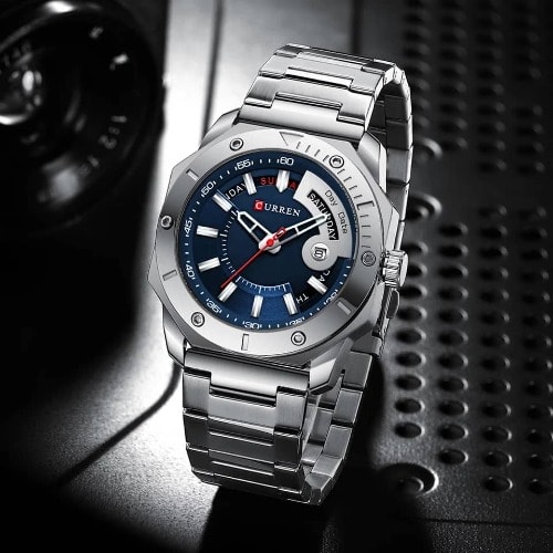 Blue Interior Wristwatch With Silver Strap